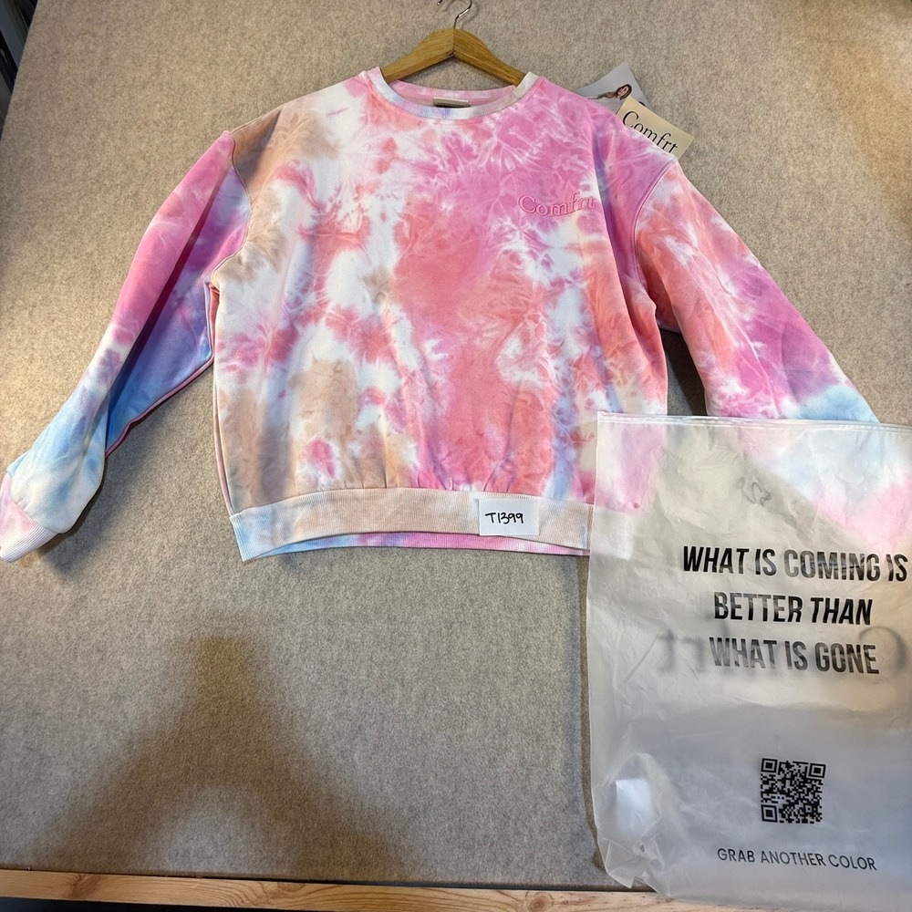 Comfrt Tie Dye Sweatshirt Pink Multicolor Fleece Crewneck Pullover XL NEW